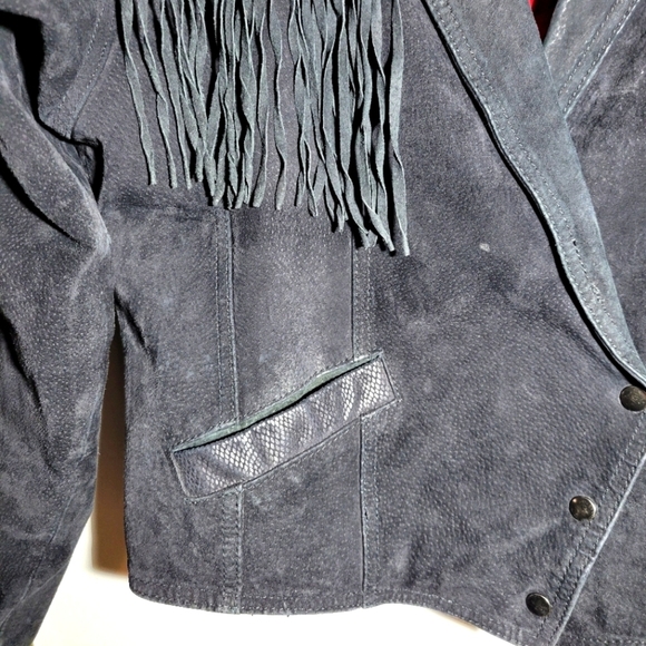 Vintage 80s fringe suede leather crop moto jacket black small medium - Picture 4 of 16